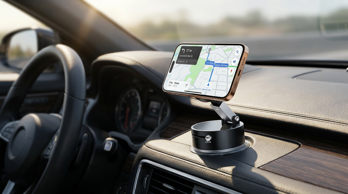 Double-Sided Magnetic Vacuum Phone Holder – Foldable & Retractable Hands-Free Desk, Car, and Travel Mount