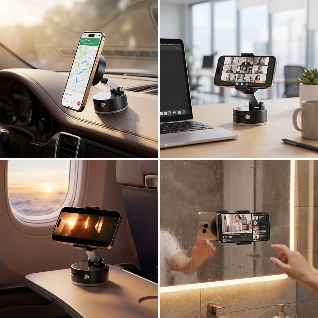 Double-Sided Magnetic Vacuum Phone Holder – Foldable & Retractable Hands-Free Desk, Car, and Travel Mount
