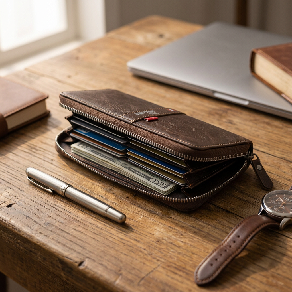 MR Leather Wallet with Zipper for Men – Premium Genuine Leather Bifold Organizer with Multiple Card Slots, Secure Zippered Coin Pocket, and Durable Stitching for Travel & Daily Use